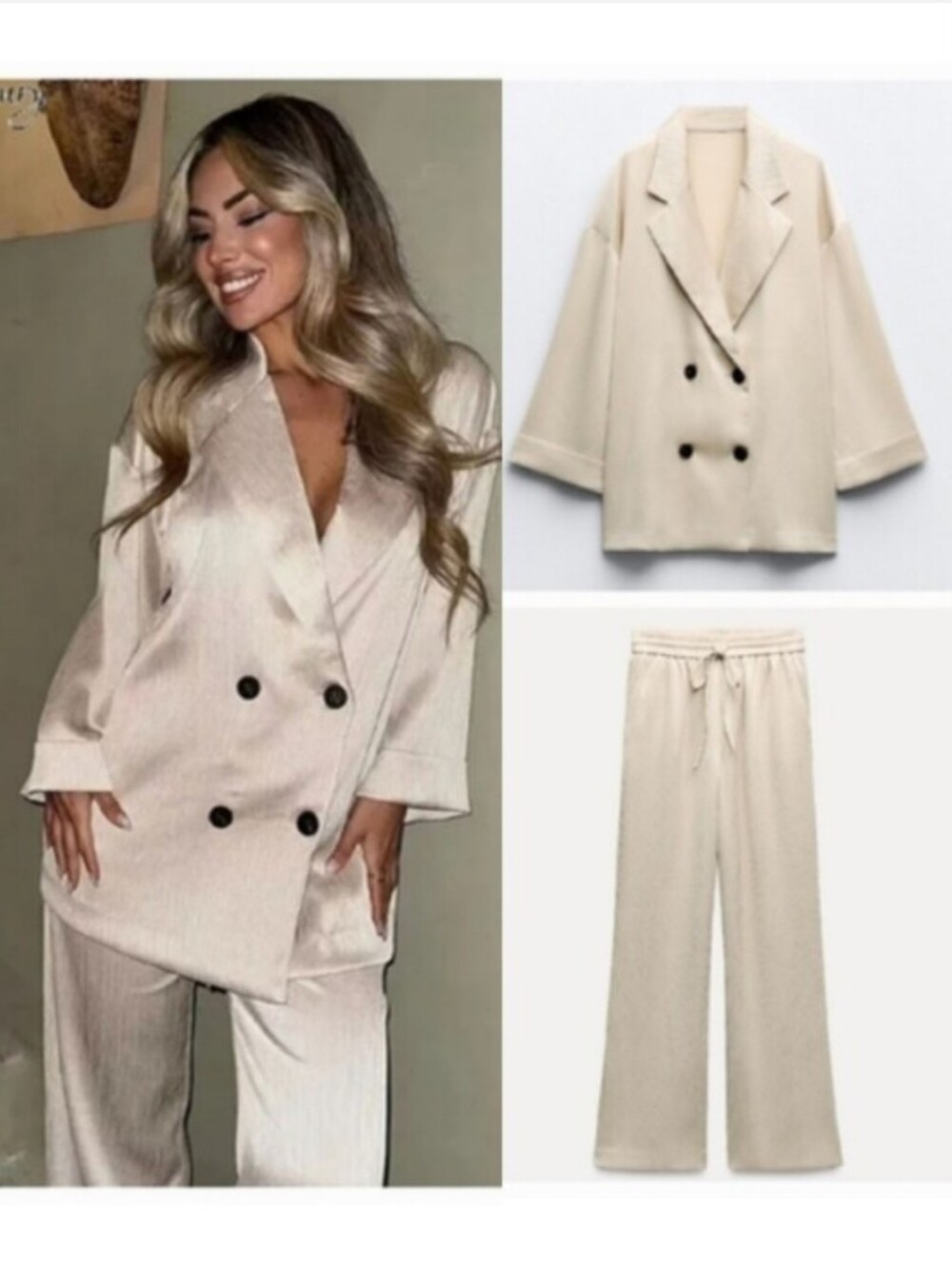 Zara Set 2pc Wrinkle Satin Effect Blazer and Pants Cream Size XS/S